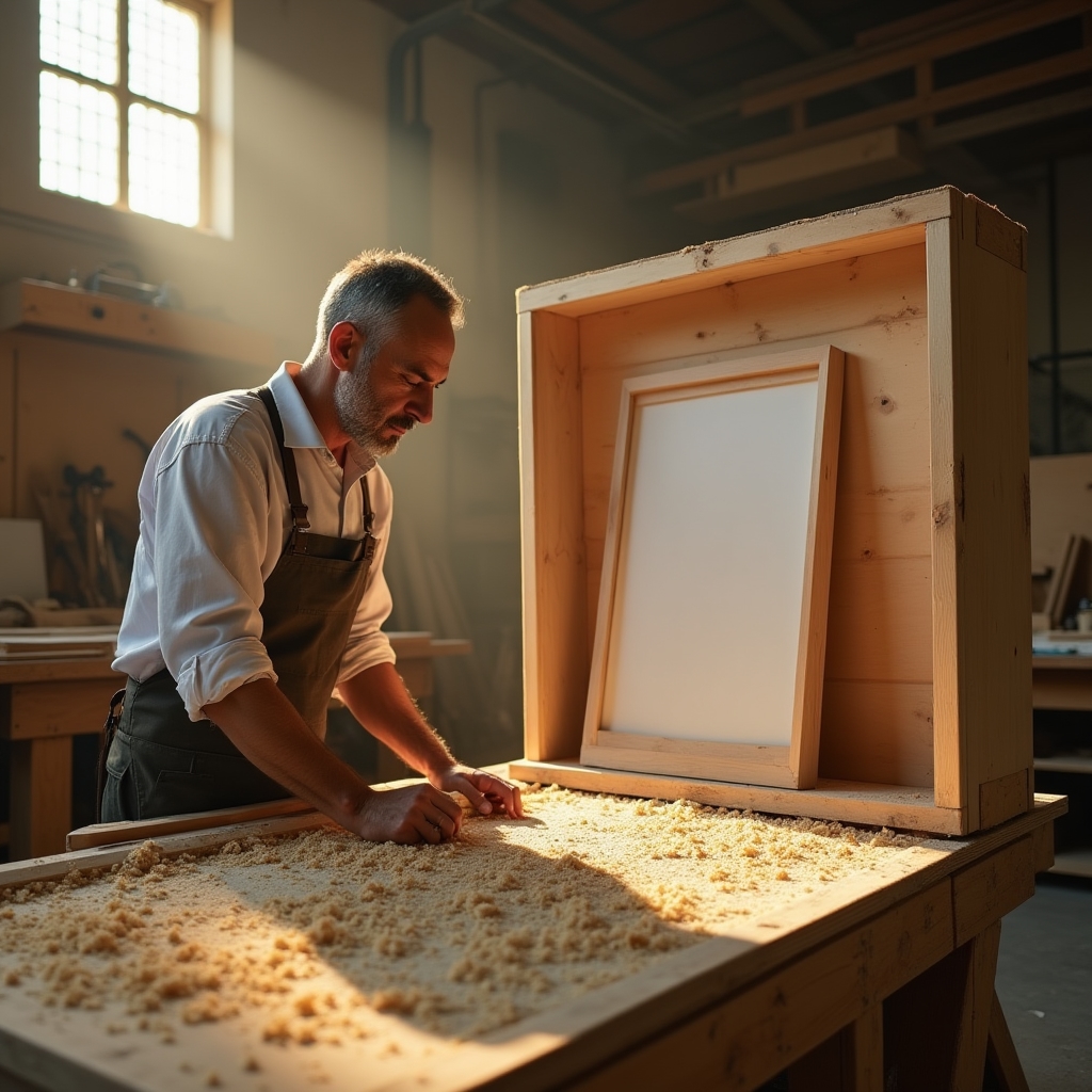 A craftsman measuring a wooden custom crate being built around a framed piece of artwork in a workshop
