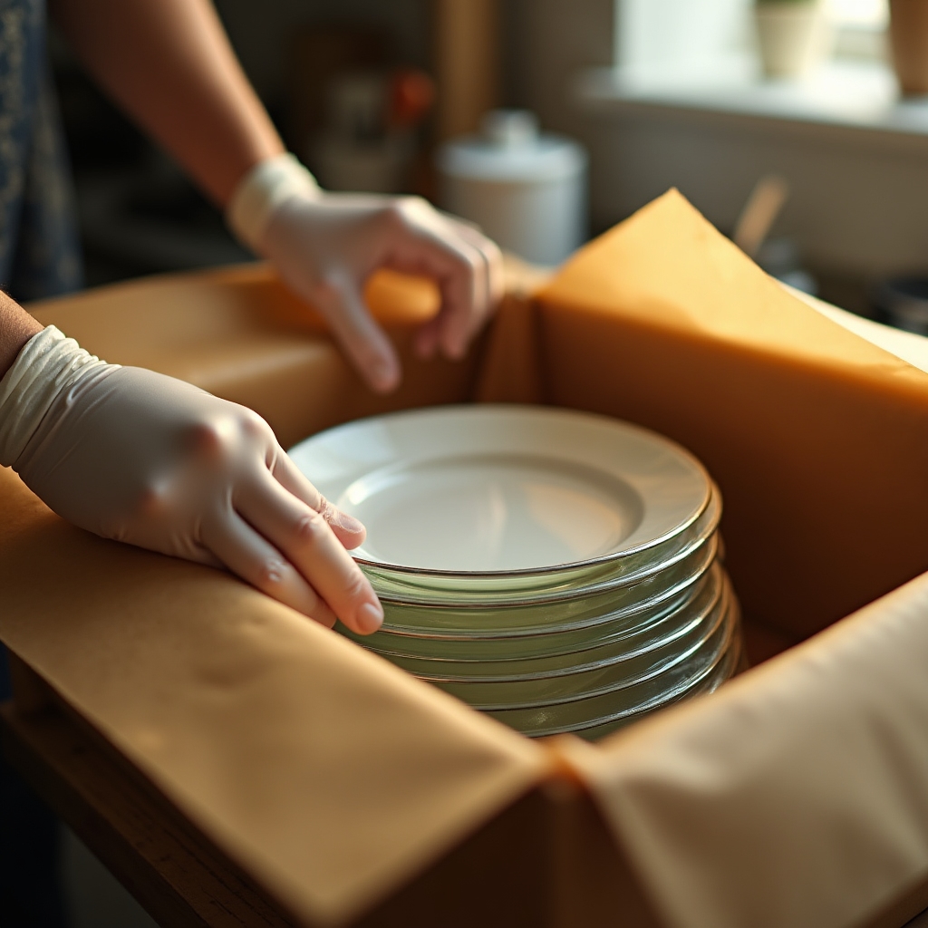Close-up of gloved hands wrapping glassware and dishes in packing paper before placing them into a labelled box