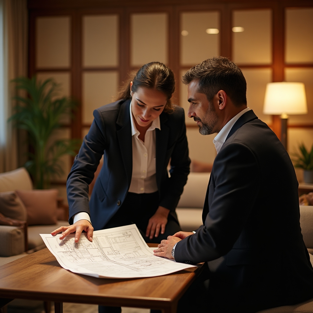 An HR coordinator and a relocation specialist reviewing a printed office floor plan together in a bright meeting area