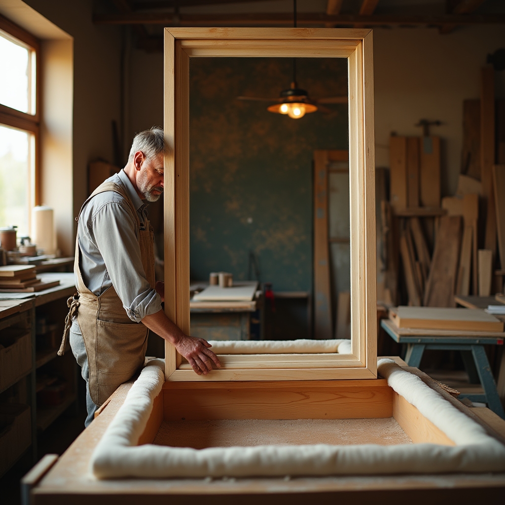 Workshop scene showing a large mirror being fitted into a custom-built wooden crate surrounded by tools