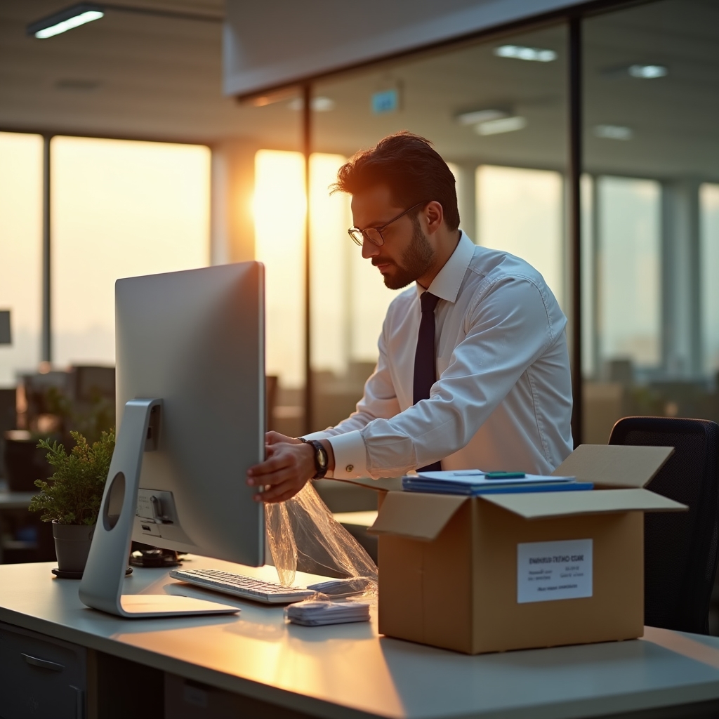 An office desk being packed, with a monitor wrapped in protective film and files being placed into a labelled box