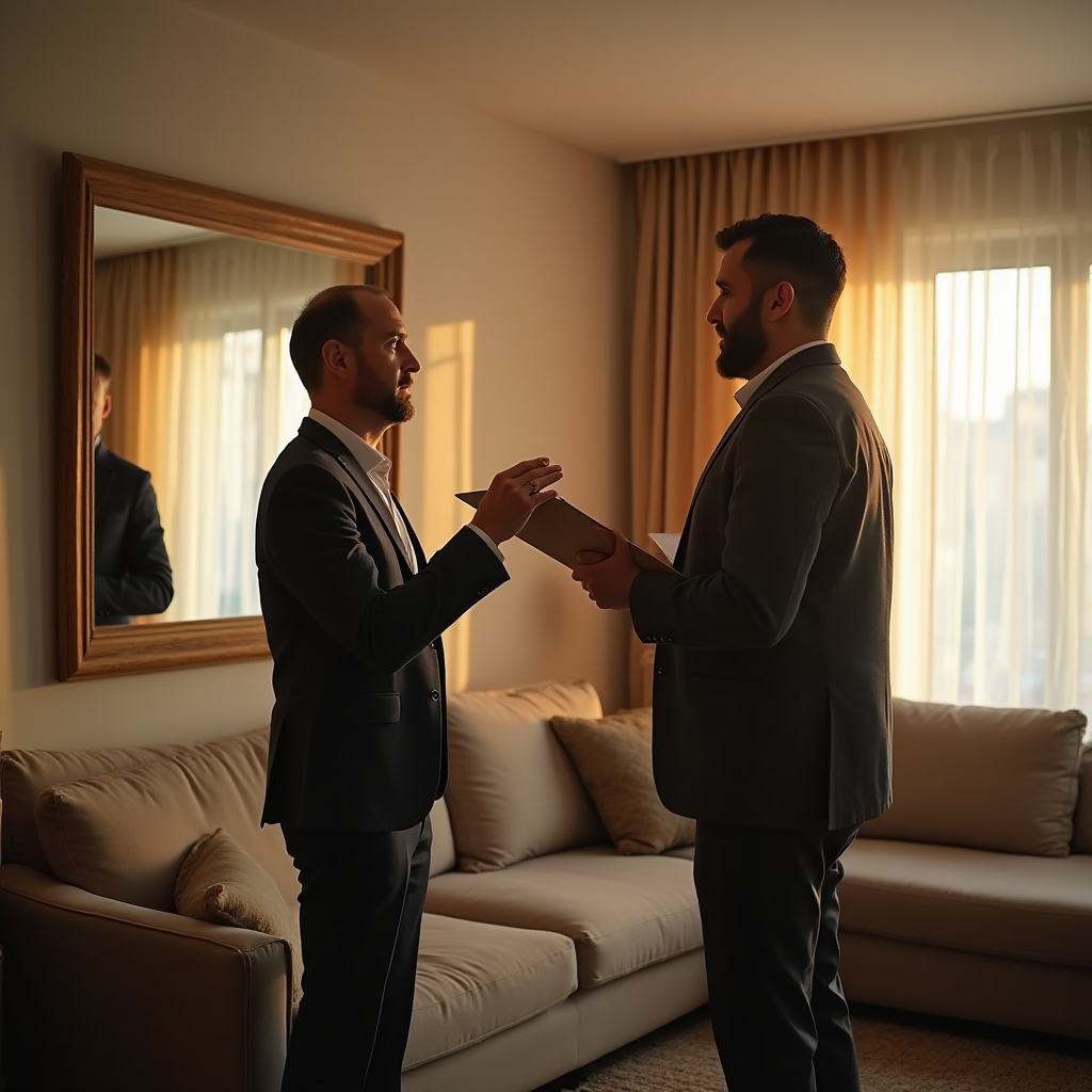 A consultant holding a clipboard during a walkthrough consultation inside a client's living room before packing begins