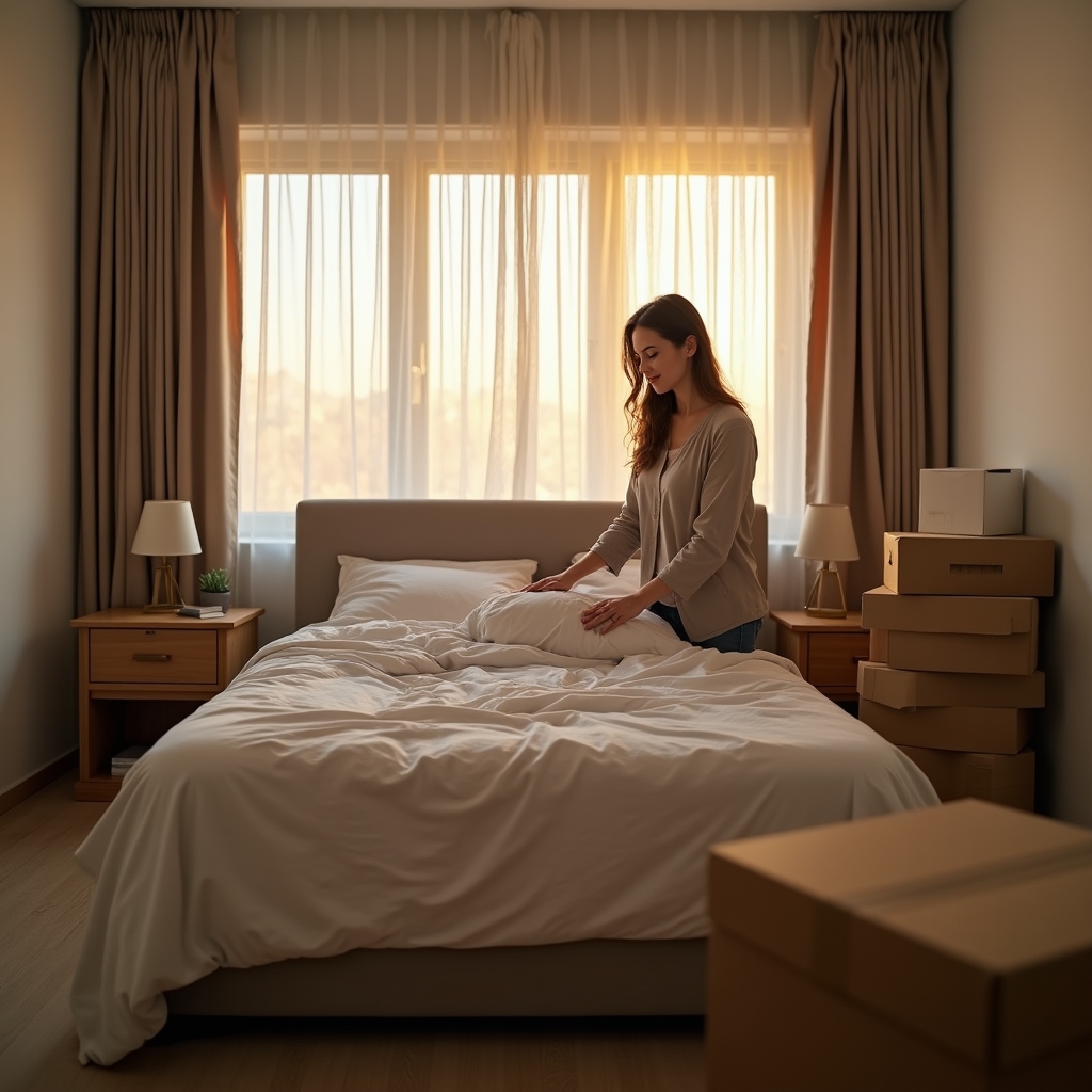 A neatly unpacked bedroom with made bed and cleared floor, moving boxes flattened and stacked by the door
